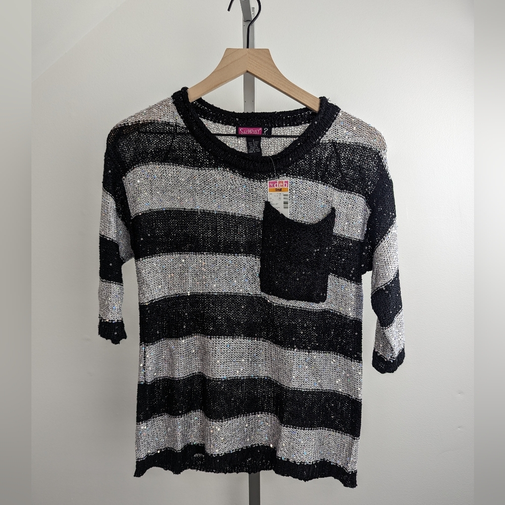 Deb Sequin Shirt Women's Small 1/2 Sleeve Striped Loose Knit Top Sparkly Black